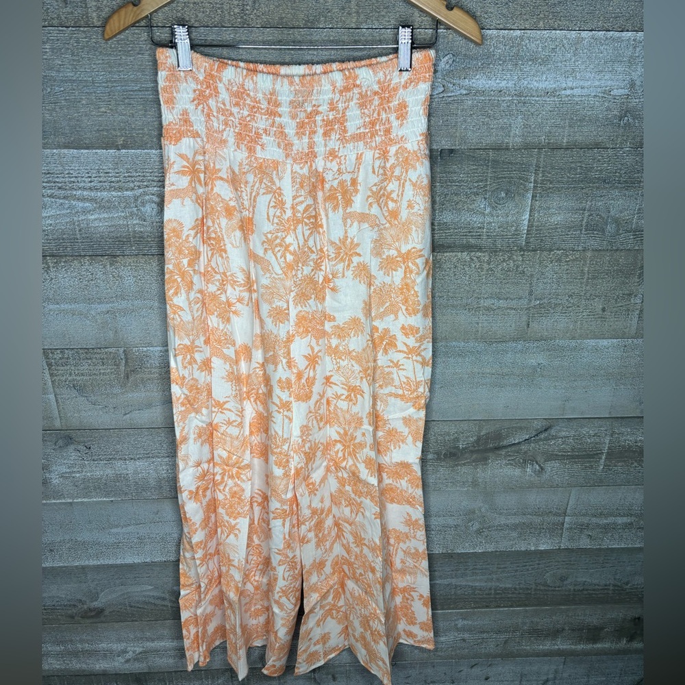 Cece orange linen wide leg printed beach pants high waisted